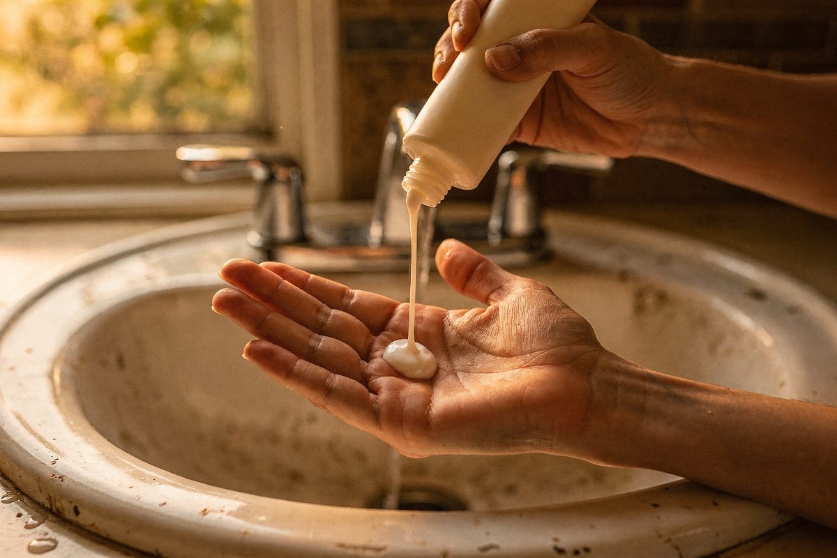 Cleanser being dispensed into an open palm at a sink