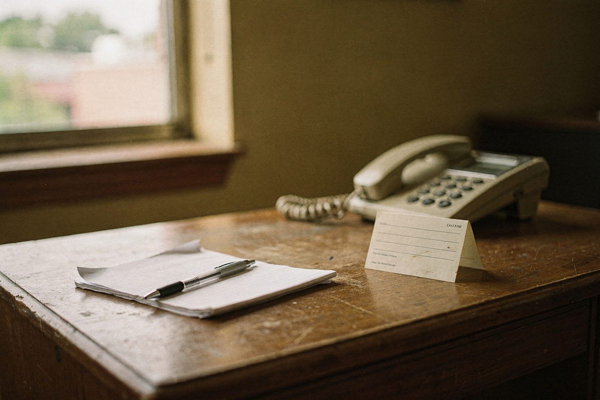A desk with a notepad, pen and phone