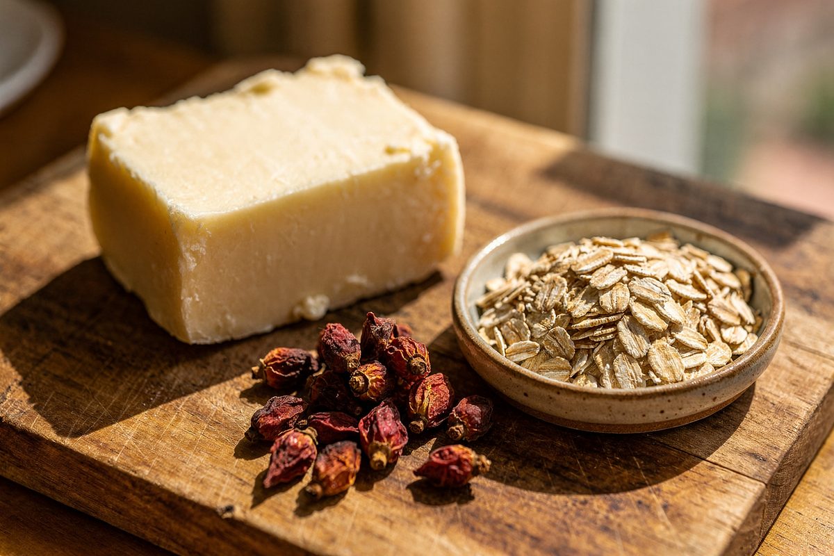 Raw ingredients including shea butter and rosehips on a wooden board