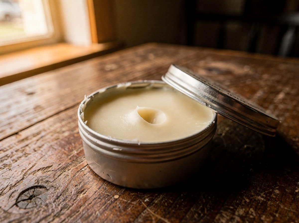 An open tin of hand and elbow balm with a fingertip mark